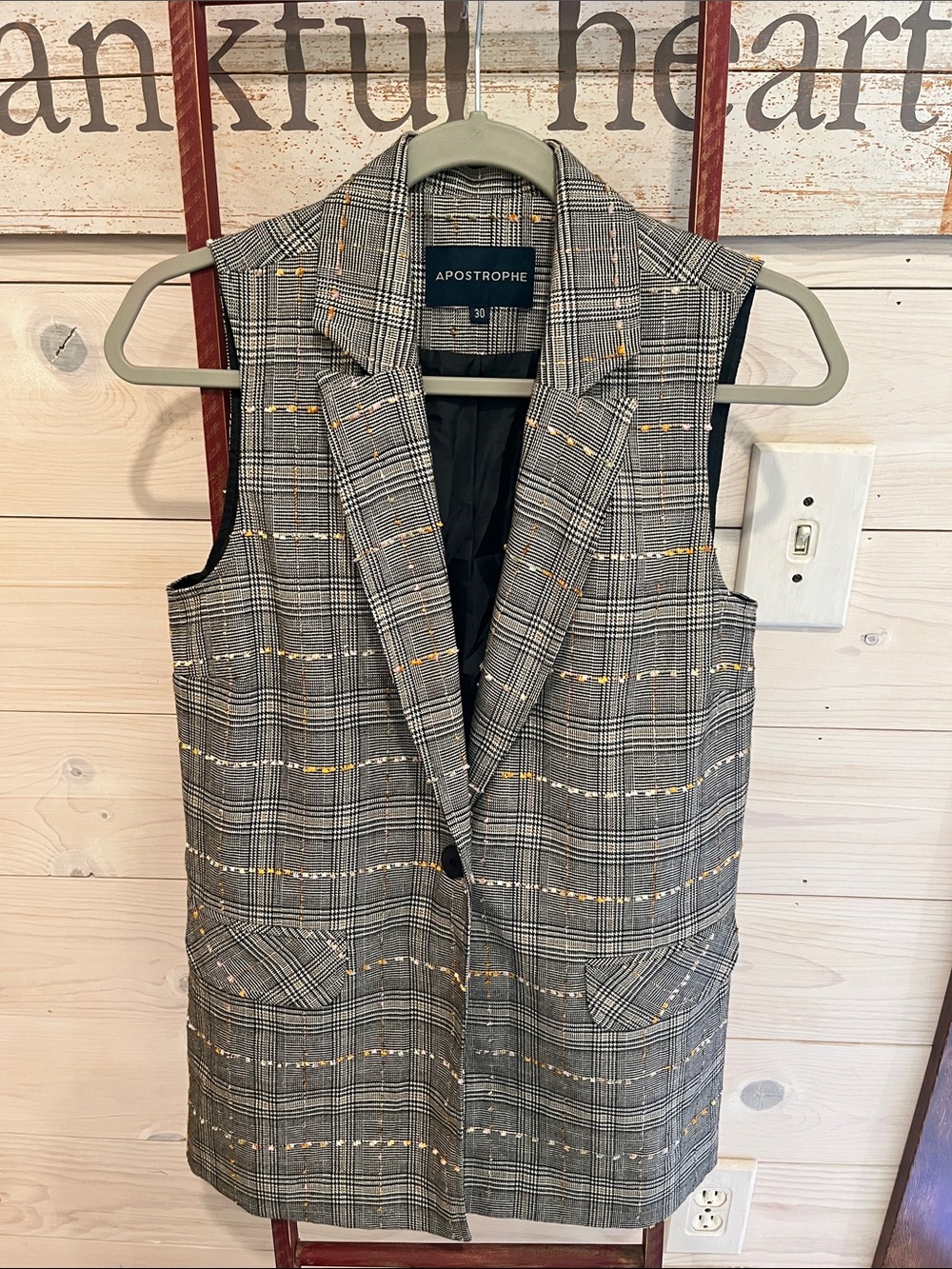 Apostrophe Gray Plaid Sleeveless Blazer with Gold Thread Accents